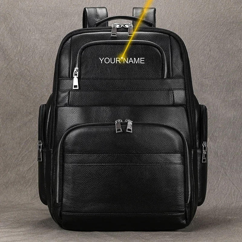 luufan-sac à dos de chargement usb pour homme, cuir de vache véritable, sac à dos étanche pour ordinateur portable 16 ", cartable noir, grand sac à dos de voyage pour homme