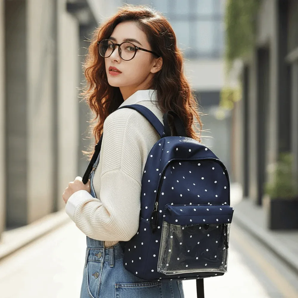 sac à dos transparent de style japonais ita bag, grande capacité, doublure légère en polyester, motif à pois
