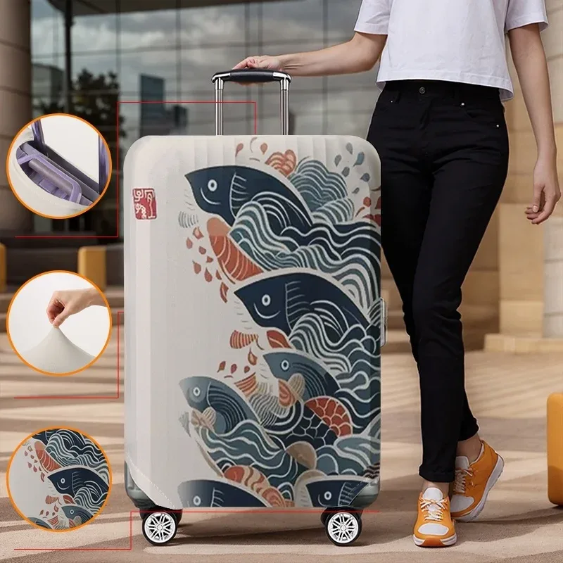 Housse de protection pour bagages à motif de vagues japonaises Koi, adaptée aux housses de bagages de 18 à 32 pouces, aux gants de protection pour poignée de bagage, aux accessoires de voyage