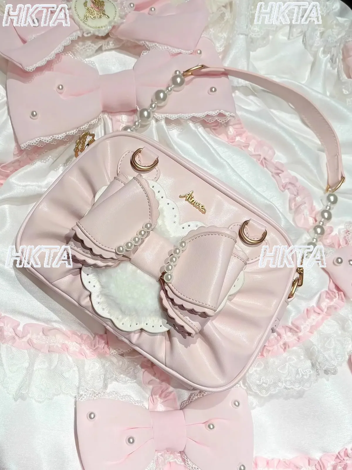 nouvelle mode estivale japonaise : sac à bandoulière oblique lolita vintage, sac à dos mignon en pu avec nœud, perles et motifs d'amour pour femmes