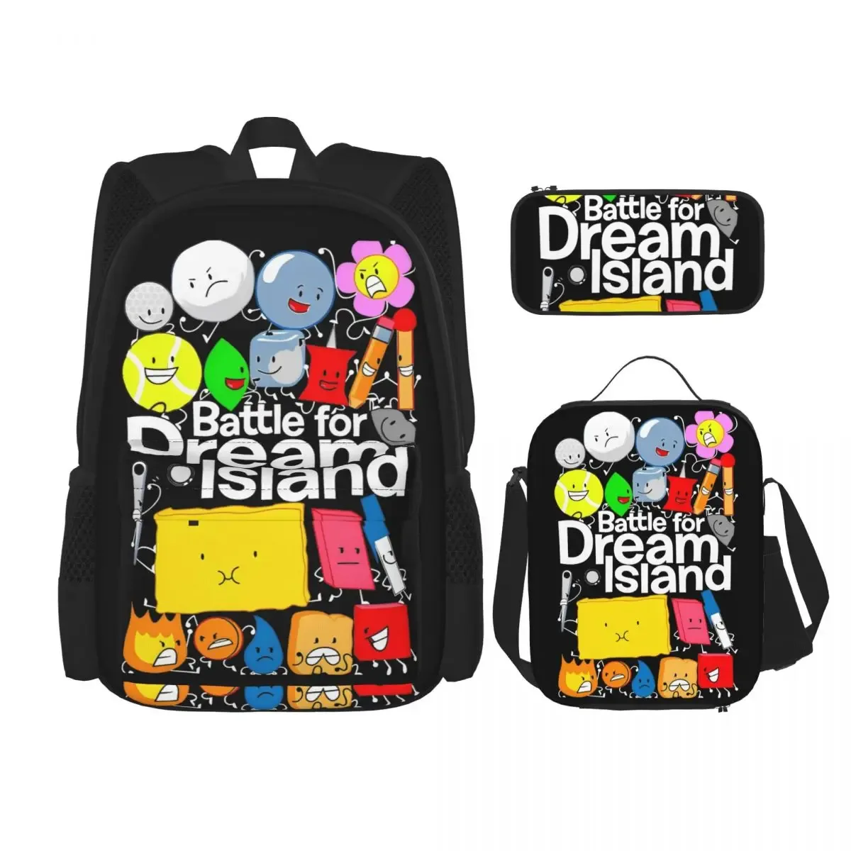 bfdi bfb et tpot bataille pour dream island dessin animé 3pecs/ensemble sac à dos pour adolescent ordinateur portable sac à bandoulière sac à déjeuner trousse à crayons