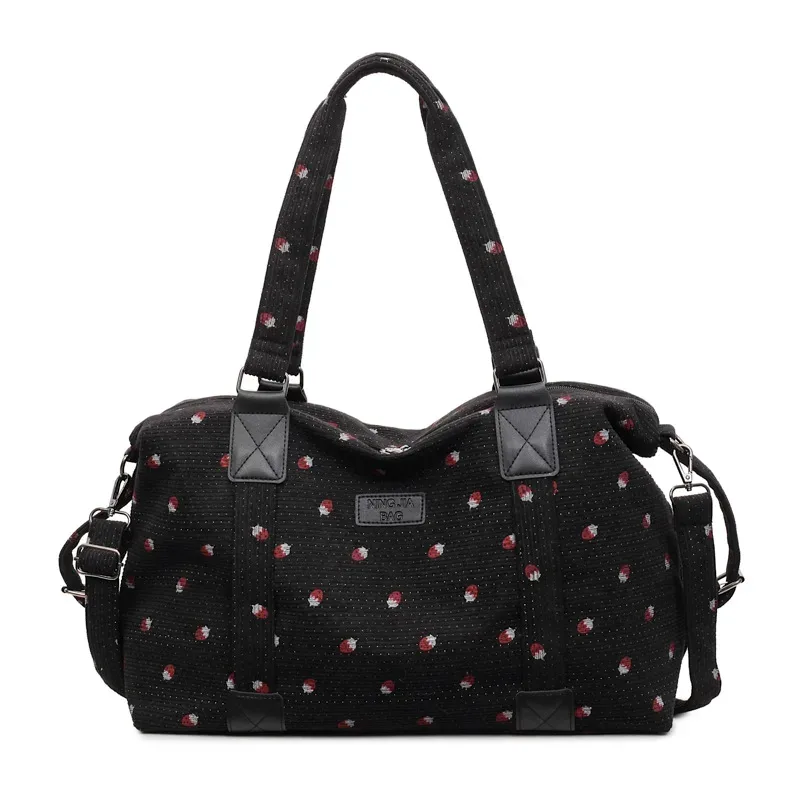 sac fourre-tout de voyage en velours côtelé grande capacité, sac à main de voyage motif fraise avec compartiment à chaussures, sac de sport et de fitness pour femme, livraison directe