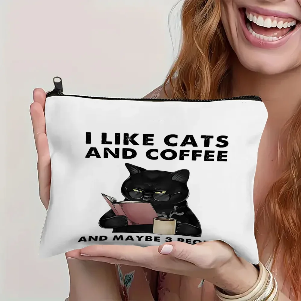 sac à cosmétiques chat noir drôle, organisateur de maquillage en tissu de lin pour voyage, sac à cosmétiques léger à la mode, pochette à fermeture éclair