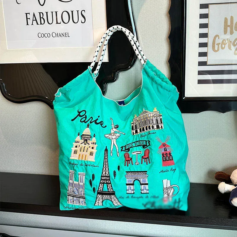 sac de shopping brodé pour femmes, avec chaîne à billes, grande capacité, en nylon écologique, sac à main, sac à bandoulière, sac porté en travers du corps.