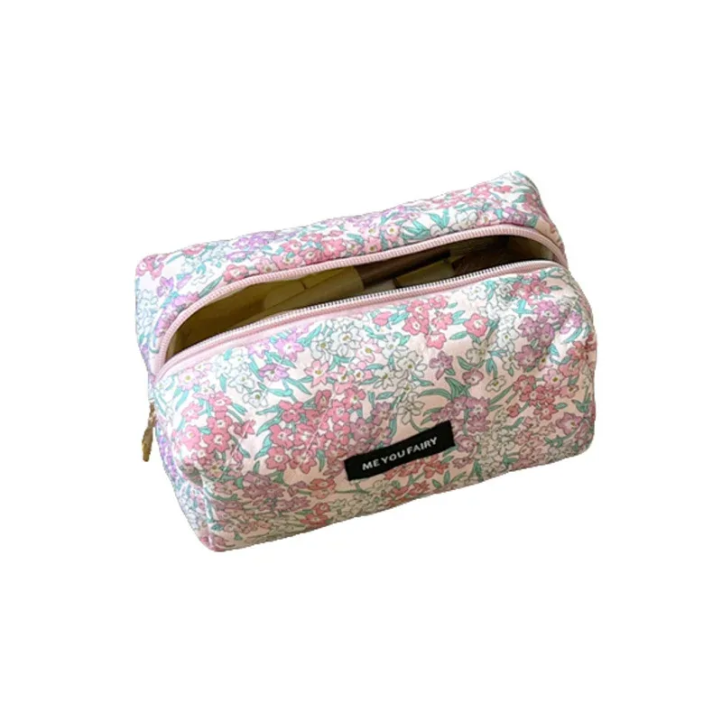trousse de maquillage florale matelassée grande capacité, pochette de rangement de voyage, organisateur de toilette, sac à main portable, étui cosmétique doux et mignon