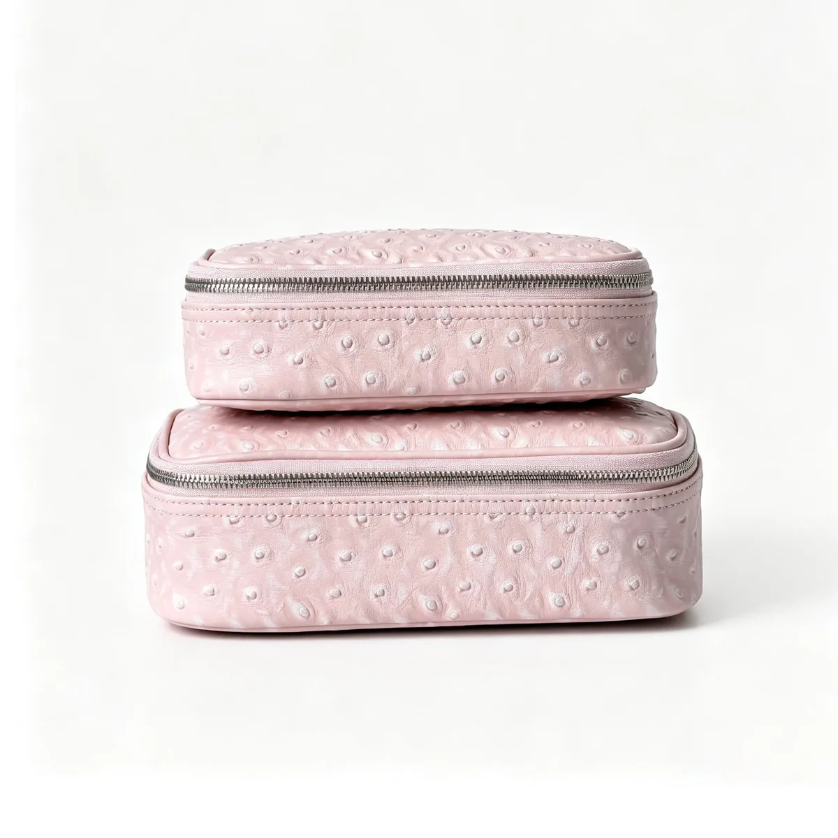 nouvelle trousse de maquillage de voyage portable en cuir véritable motif autruche rose flocon de neige, grande capacité, en cuir de vachette, luxe