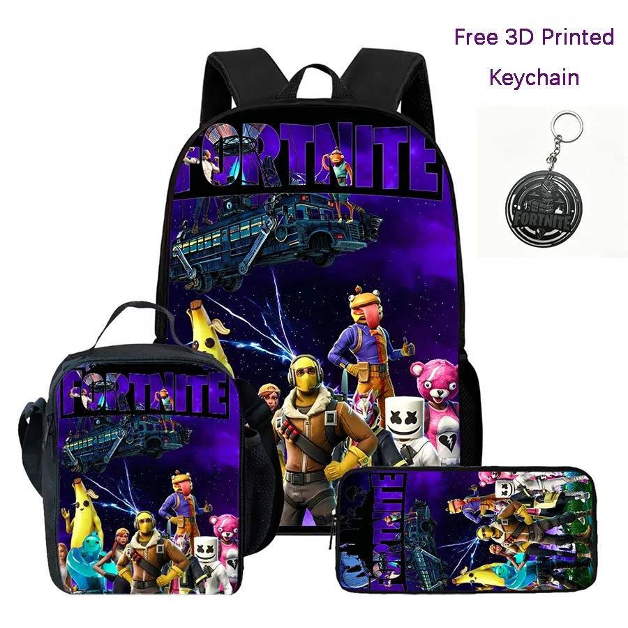 ensemble de 3 sacs à dos pour enfants, sac à lunch et trousse à crayons, sac fortnite à motif de dessin animé, léger pour garçons et filles de 6 à 10 ans, porte-clés imprimé en 3d gratuit