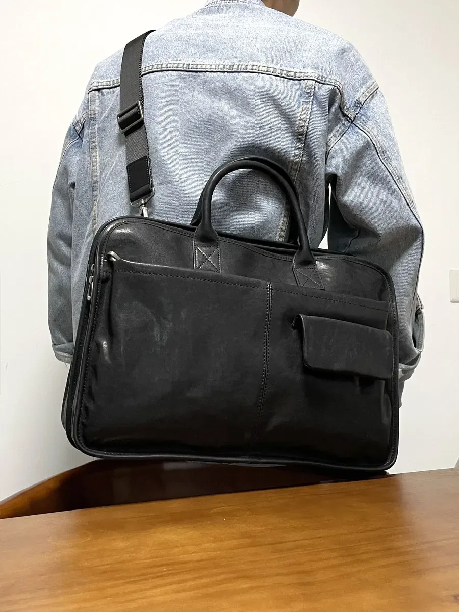 porte-documents de luxe en cuir véritable pour hommes, porte-documents d'affaires décontracté, fait à la main, mode première couche en peau de vache, sacs à main pour ordinateur portable de grande capacité