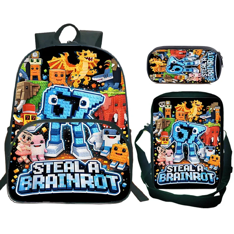 Nouvel ensemble de 3 sacs à dos imprimés 67 Six Seven pour élèves du primaire, sac à déjeuner, trousse à crayons, sac d'école pour enfants