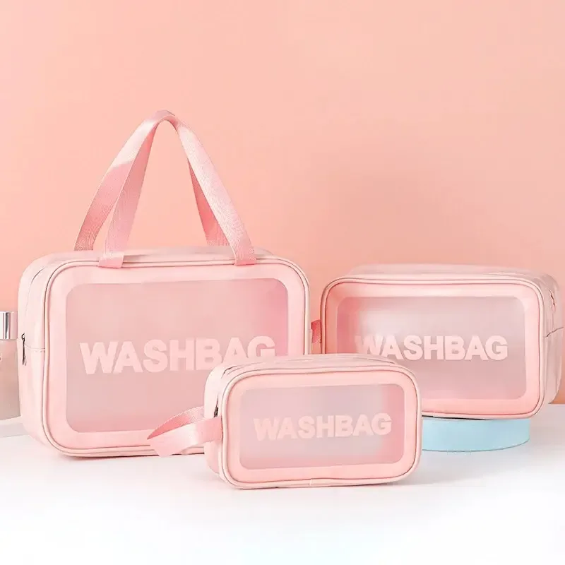 1pc sac de maquillage et de toilette transparent en pu en trois pièces, grande capacité, sac de rangement portable semi-transparent en pvc frosted