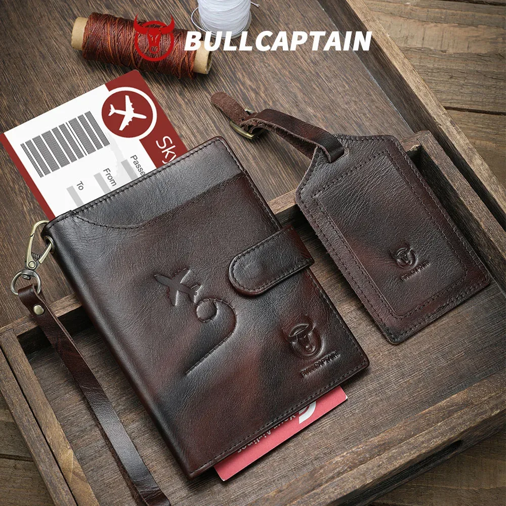 BULLCAPTAIN Portefeuille de voyage en cuir véritable pour homme et femme, porte-passeport, porte-cartes, porte-monnaie, avec protection RFID
