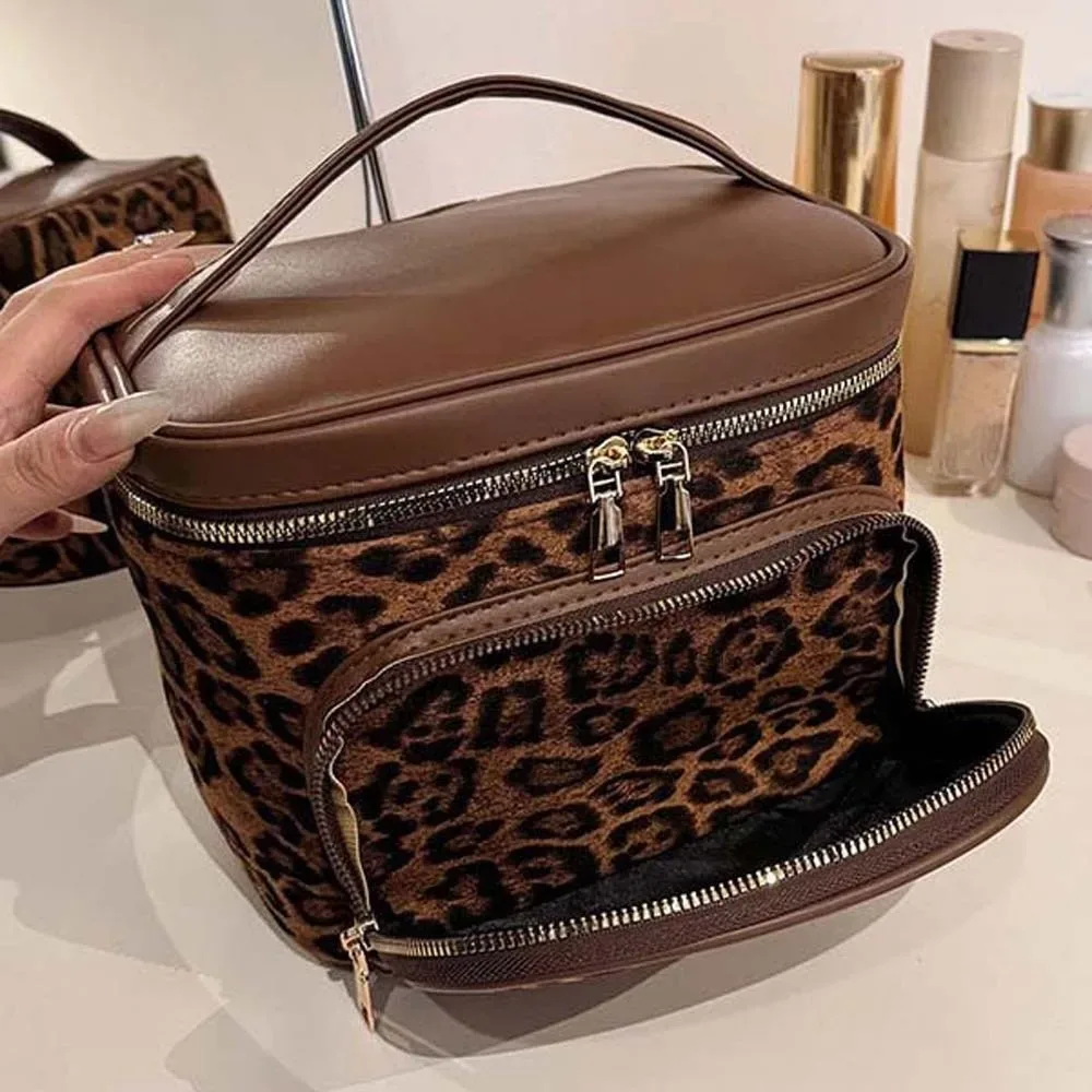 sac à main imprimé léopard, trousse à cosmétiques, pochette en cuir de grande capacité pour trousse de maquillage, pochette de maquillage en polyester épais, sac de salle de bain
