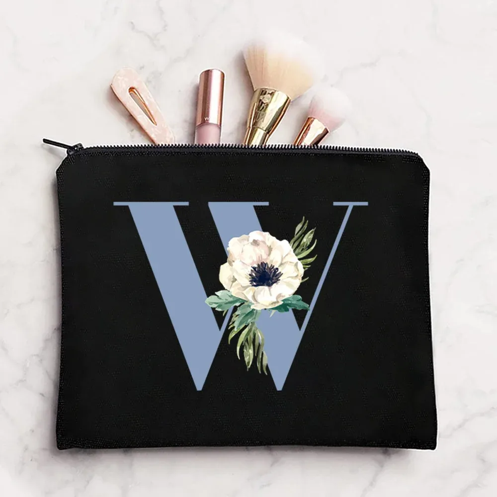 sac à cosmétiques en tissu pour femmes, pochette de maquillage, sac de voyage, rouge à lèvres, étuis de rangement, pochette à fermeture éclair, porte-monnaie de téléphone, initiales bleues imprimées