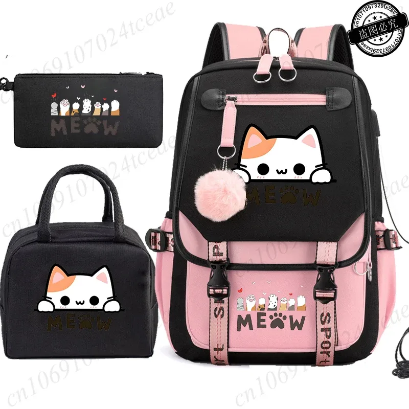 sac à dos scolaire pour adolescents, sac à dos quotidien pour étudiants, sac à dos pour filles, sac à dos scolaire à motif de chat noir, avec sac à lunch et trousse à crayons, 3 pièces/ensemble