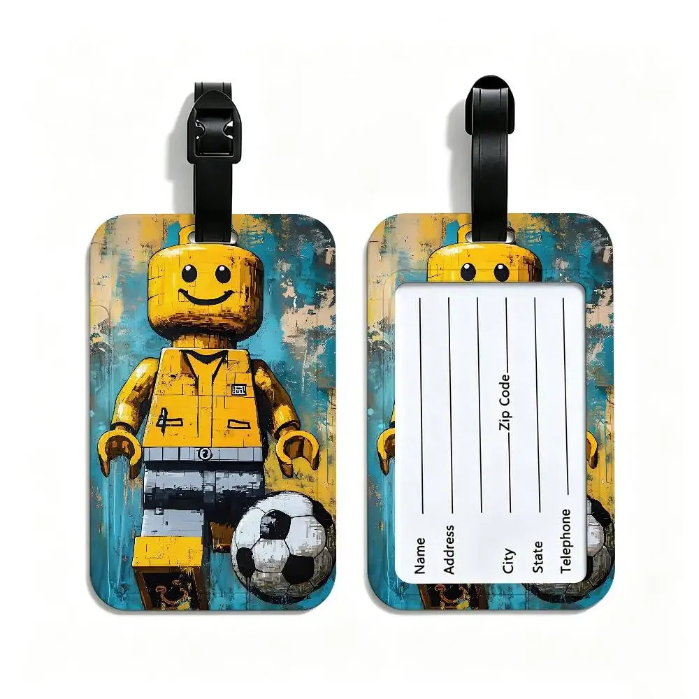 étiquette de valise en pvc anti-perte l-legos avec carte d'information, motif de dessins animés représentant diverses professions, identifiant de bagages léger pour les voyages quotidiens.