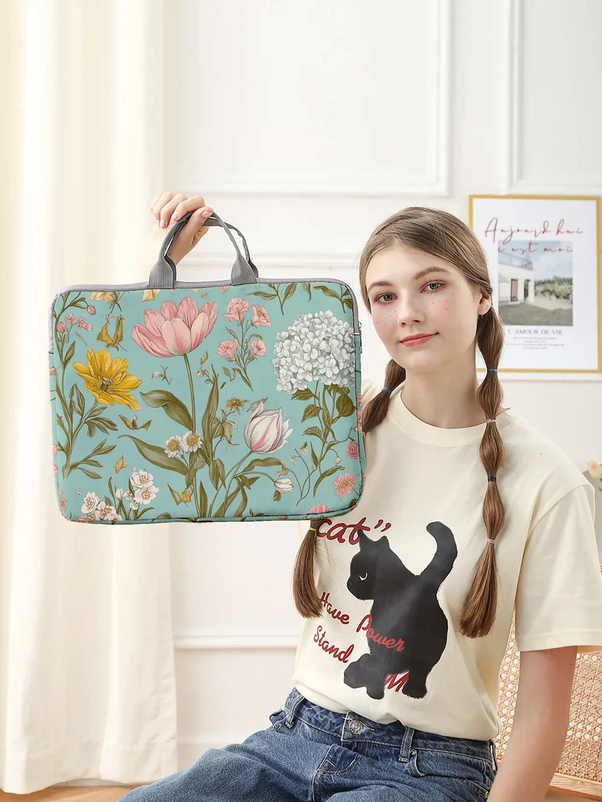 un ensemble, deux styles, housse pour ordinateur portable à motif floral, sacoche, adaptée aux ordinateurs portables de 14 pouces