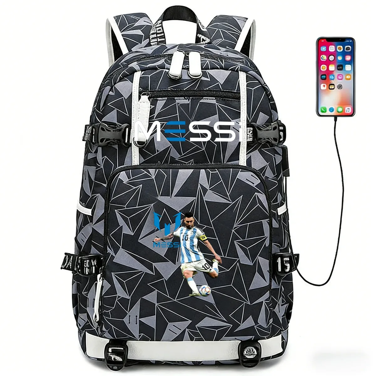 sac à dos de sport de football messi en tissu oxford avec fermeture à loquet, grande capacité, pour ordinateur portable, loisirs, voyage, école et étudiants