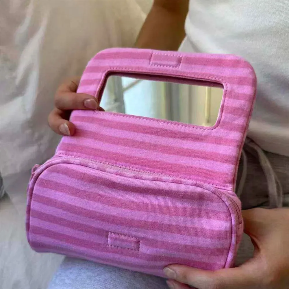 sac cosmétique portable en toile à pois, rayures roses, grande capacité, sac pour petits objets, multifonctionnel avec miroir de maquillage, organisateur de voyage