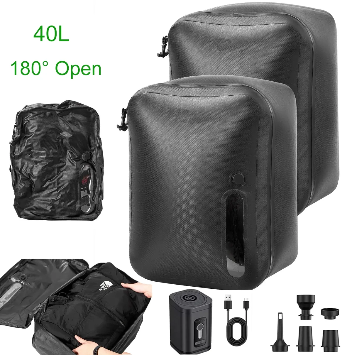 180 °   sacs sous vide ouverts pour voyage, sacs de compression peu encombrants 40l pour bagages, valise, sac 