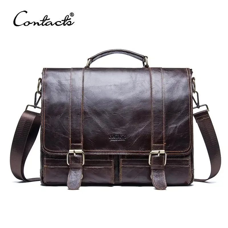 CONTACT'S-Sac à main d'affaires en cuir véritable pour hommes, étui à bombes, grand sac pour ordinateur portable décontracté, sacs de messager vintage, sacs de luxe initiés