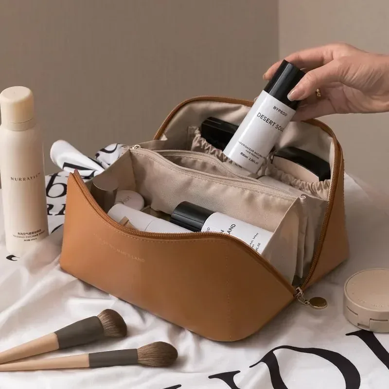 trousse de maquillage de voyage, grande capacité, trousse de maquillage pour femmes, sac portable imperméable à ouverture plate, avec séparateur et poignée