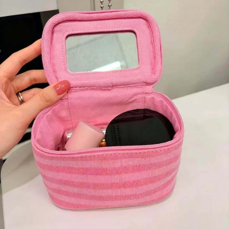 trousse de maquillage coréenne à rayures roses avec miroir, mini pochette de rangement pour cosmétiques, organisateur de beauté portable pour filles, usage quotidien