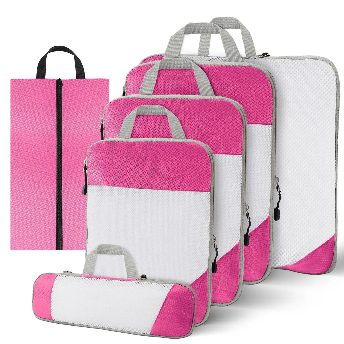sac de rangement en nylon imperméable à compression de voyage portable, ensemble de pochettes de rangement à motif de grille visuelle pour l'organisation du voyage