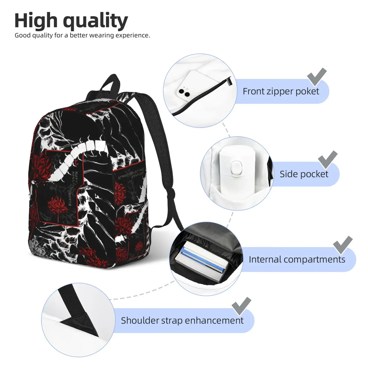 sac à dos tendance halloween tokyo ghoul kaneki, design harajuku, sac à dos de voyage robuste à bandoulière