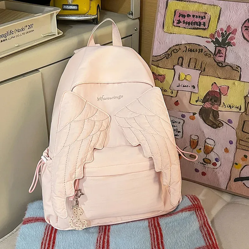 Sac à dos Aile d'ange Y2K en toile, grande capacité, sac d'école, sac de voyage Kawaii, léger, couleur unie. 