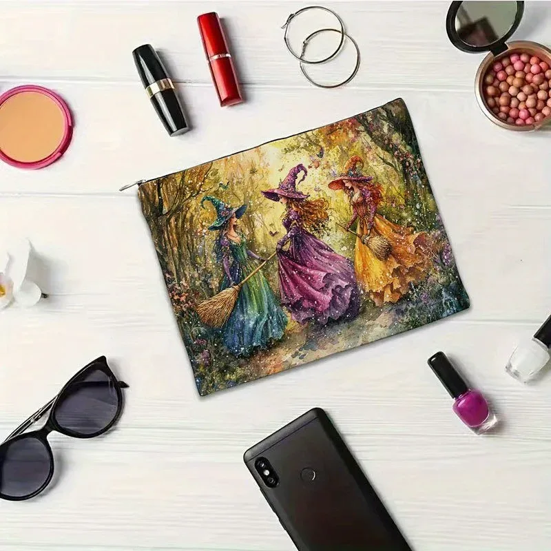 trousse de maquillage rétro en résine de sorcière, avec conception de forêt d'automne vibrante, fermeture éclair de sécurité, sac de voyage multifonctionnel