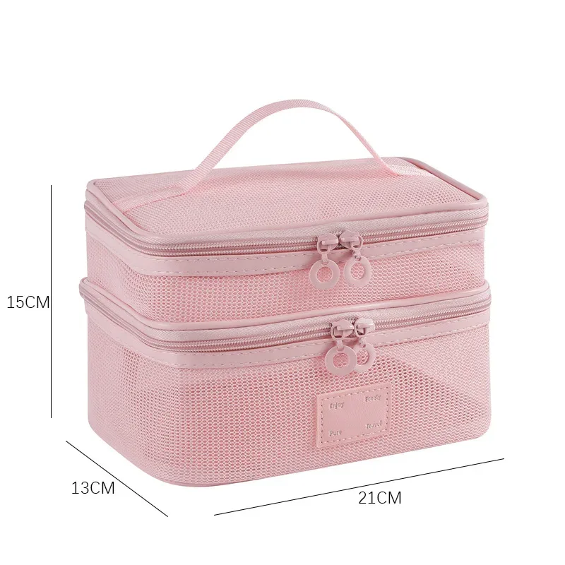 organisateur de toilette transparent de grande capacité, pochette de rangement cosmétique portable pour femmes, sac à maquillage respirant en maille