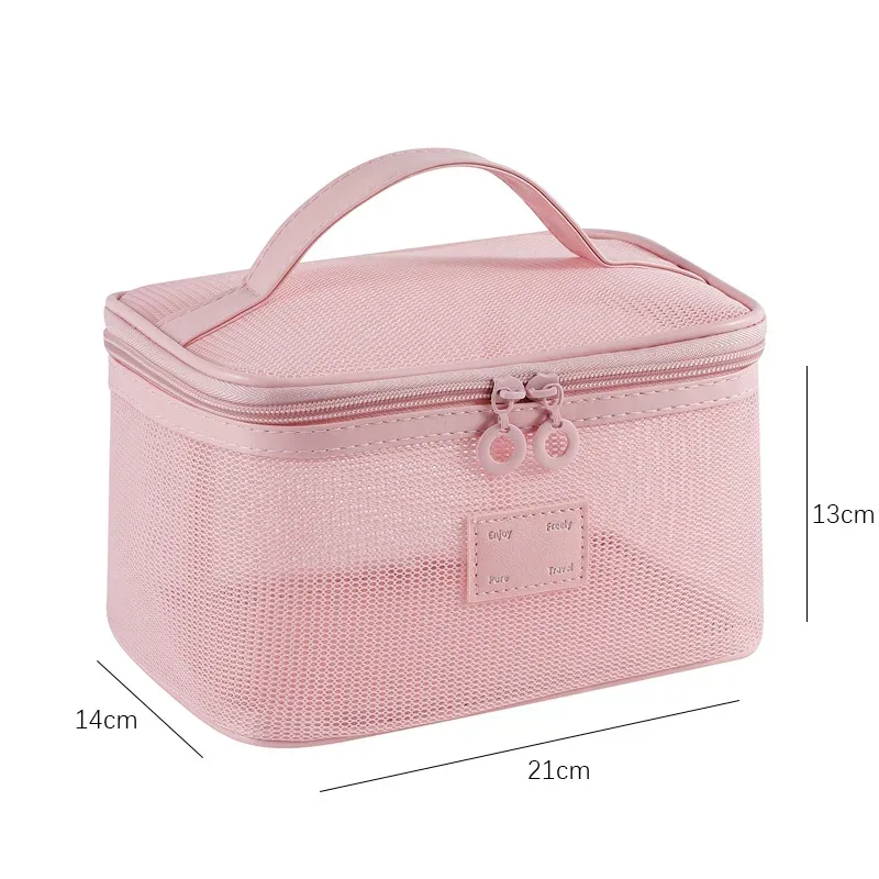 organisateur de toilette transparent de grande capacité, pochette de rangement cosmétique portable pour femmes, sac à maquillage respirant en maille
