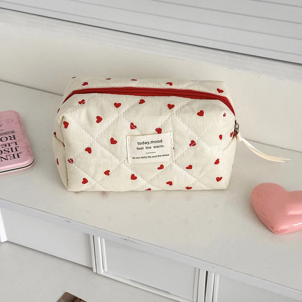 mode ins coeur femmes quilting sac de maquillage grande capacité toilette cosmétique pochette de rangement sac à main dames fermeture éclair sac de maquillage
