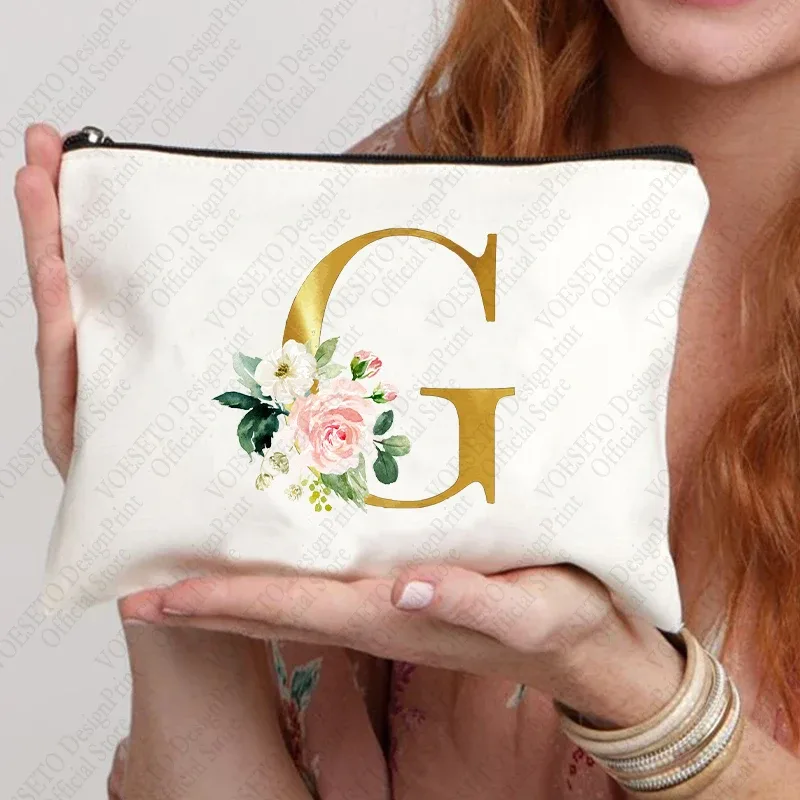 sac à fermeture éclair à motif initial pour femme, trousse de maquillage cosmétique, poudres de toile de bain de mariage, sacs de rouge à lèvres de voyage, cadeau de fête d'enterrement de vie de jeune fille