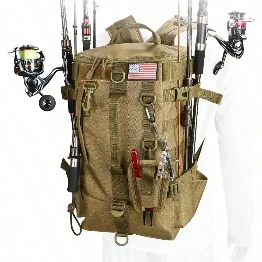 sac de matériel de pêche avec porte-canne, grand rangement, sac à dos de boîte de matériel pour transporter des matériel et des équipements de pêche, cadeaux pour hommes