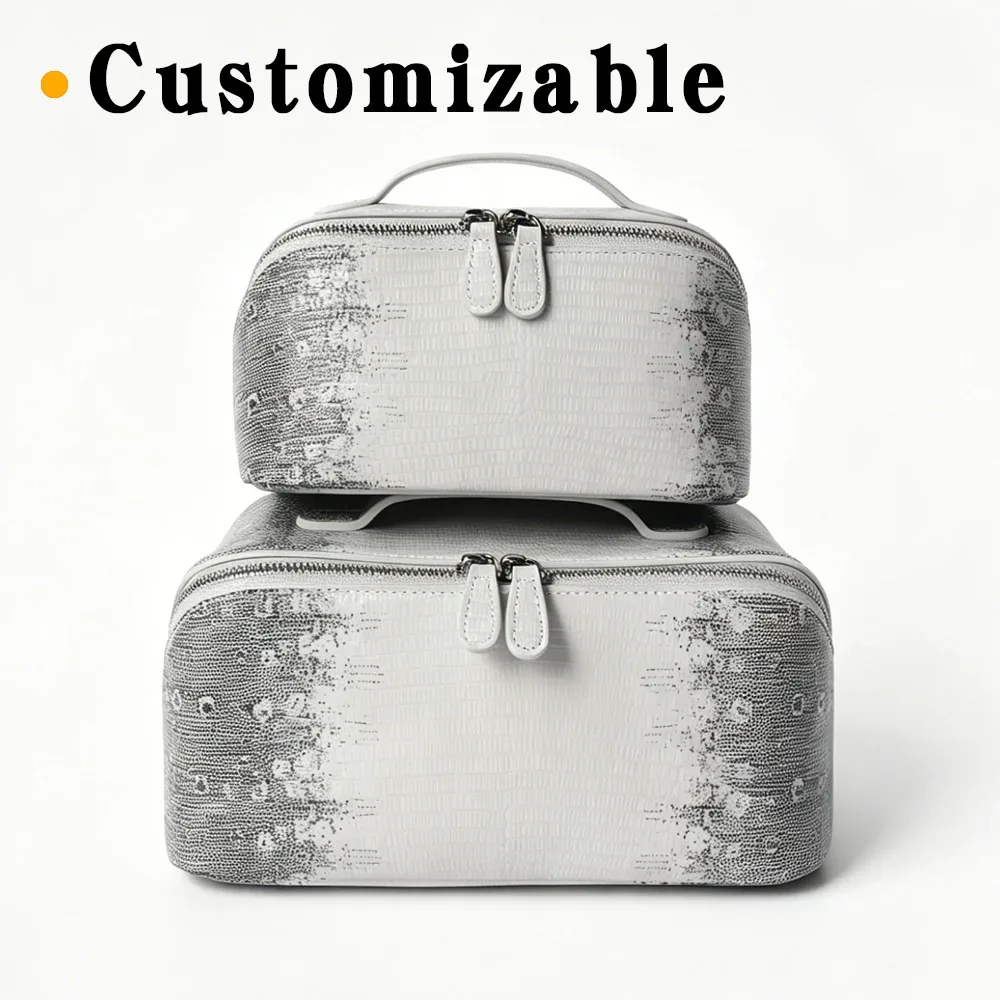 trousse de maquillage quotidienne en cuir de vachette grain lézard teinte himalaya pour femmes, légère et durable avec fermeture éclair