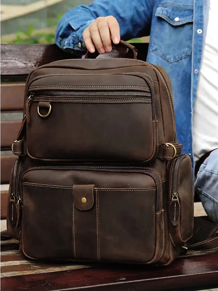 nasva-sac à dos en cuir vintage pour homme, bagage extérieur, cartable décontracté, sac pour ordinateur portable 15.6"