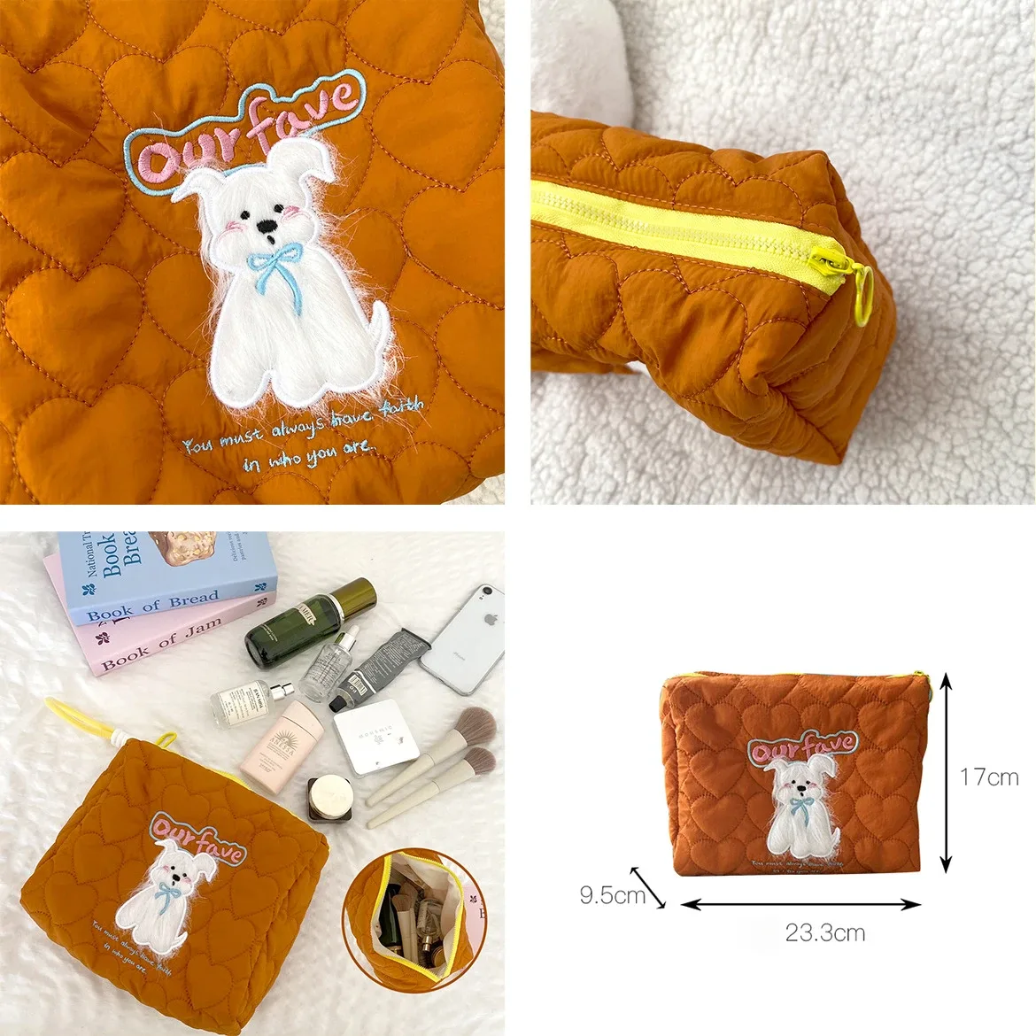 sacs à cosmétiques matelassés love pour femmes, chiot mignon brodé, trousse de toilette pour dames, trousse de maquillage féminine, sacs à main portables