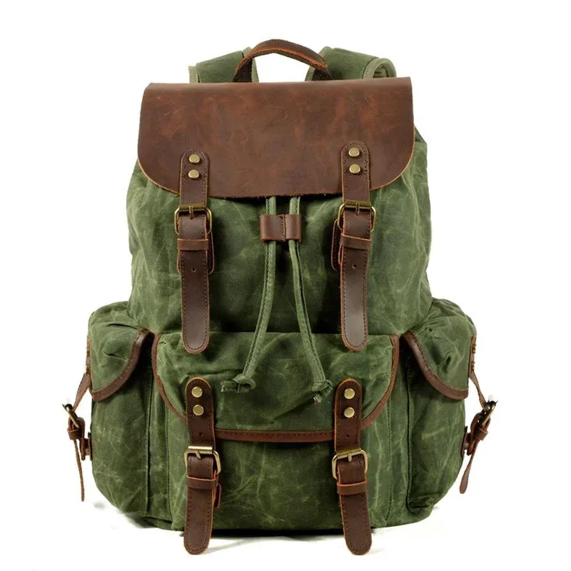 sac à dos nesitu en cuir véritable et toile cirée, pour ordinateur portable a4, coloris kaki, noir, gris, vert, pour hommes et femmes, idéal pour la randonnée et les voyages, sac de sport m6105