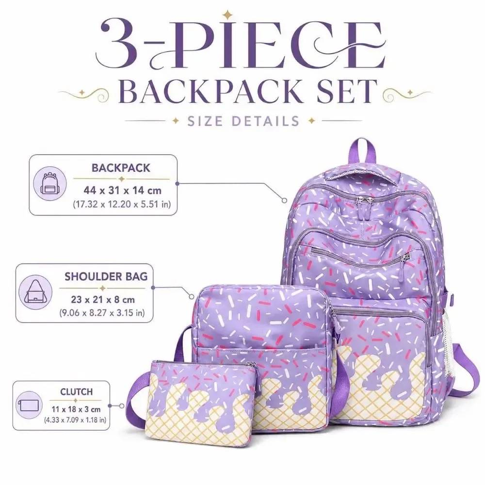 ensemble de 3 sacs à dos élégants à imprimé crème glacée, légers, imperméables, colorés et durables, pour adolescents.
