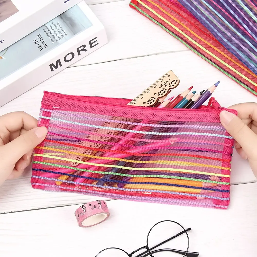 1pc mode couleur unie cosmétique arc-en-ciel couleur nylon maquillage maille stylo sac grille fermeture éclair trousse à crayons stockage cosmétique