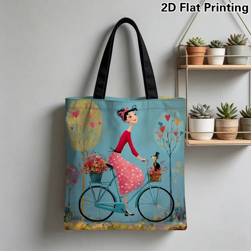sac fourre-tout élégant pour femme, motif cycliste, réutilisable et pliable, idéal pour les courses, les voyages, la plage, les trajets quotidiens et le shopping, pour usage quotidien féminin.