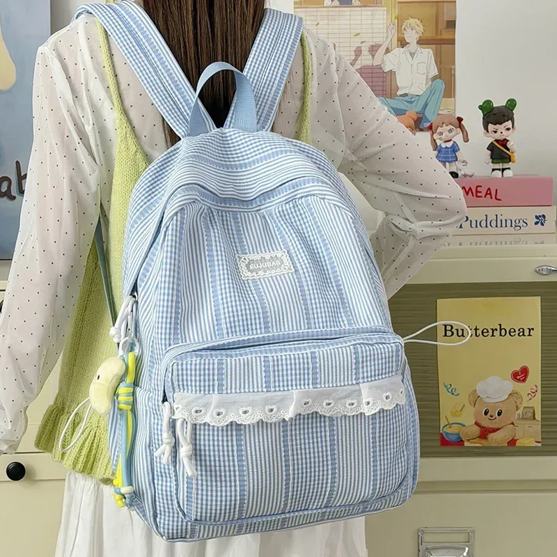 sac à dos coréen simple et esthétique en dentelle à volants, couleur unie, rayé, grande capacité, pour étudiantes, idéal pour l'école, les trajets quotidiens et les voyages