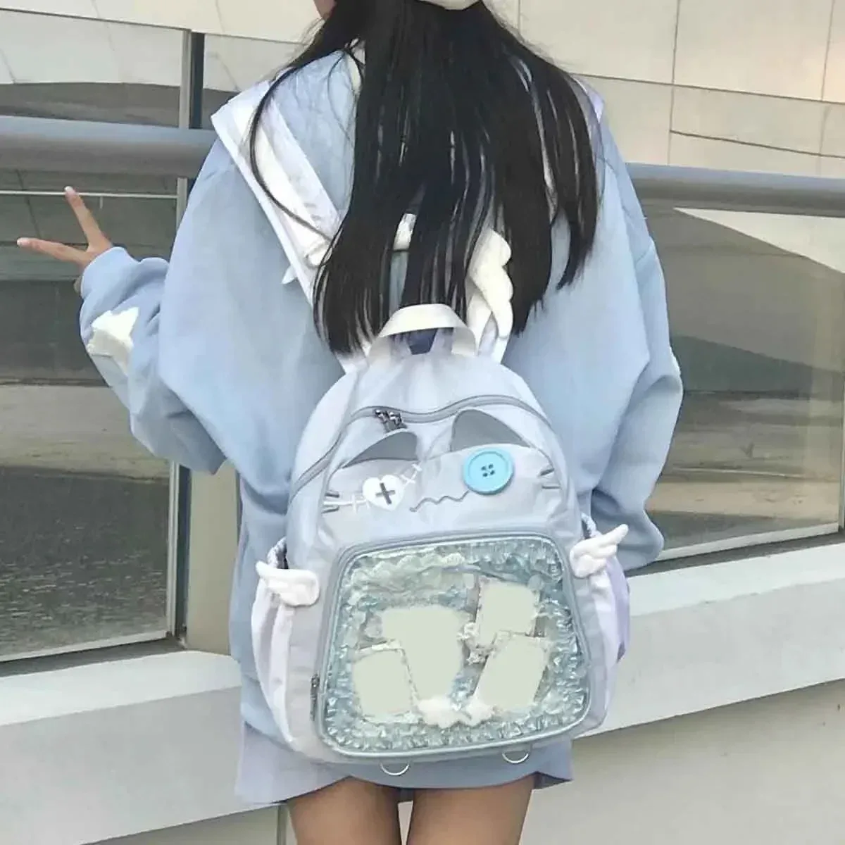 sac à dos chat mignon pour femme, sacs à dos esthétiques féminins, nylon, style japonais, mode décontractée, sac ita transparent, grande capacité