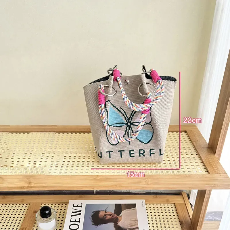 sac fourre-tout en tricot floral vintage papillon pour femme – polyester léger avec bretelles tissées réglables et anneaux en métal