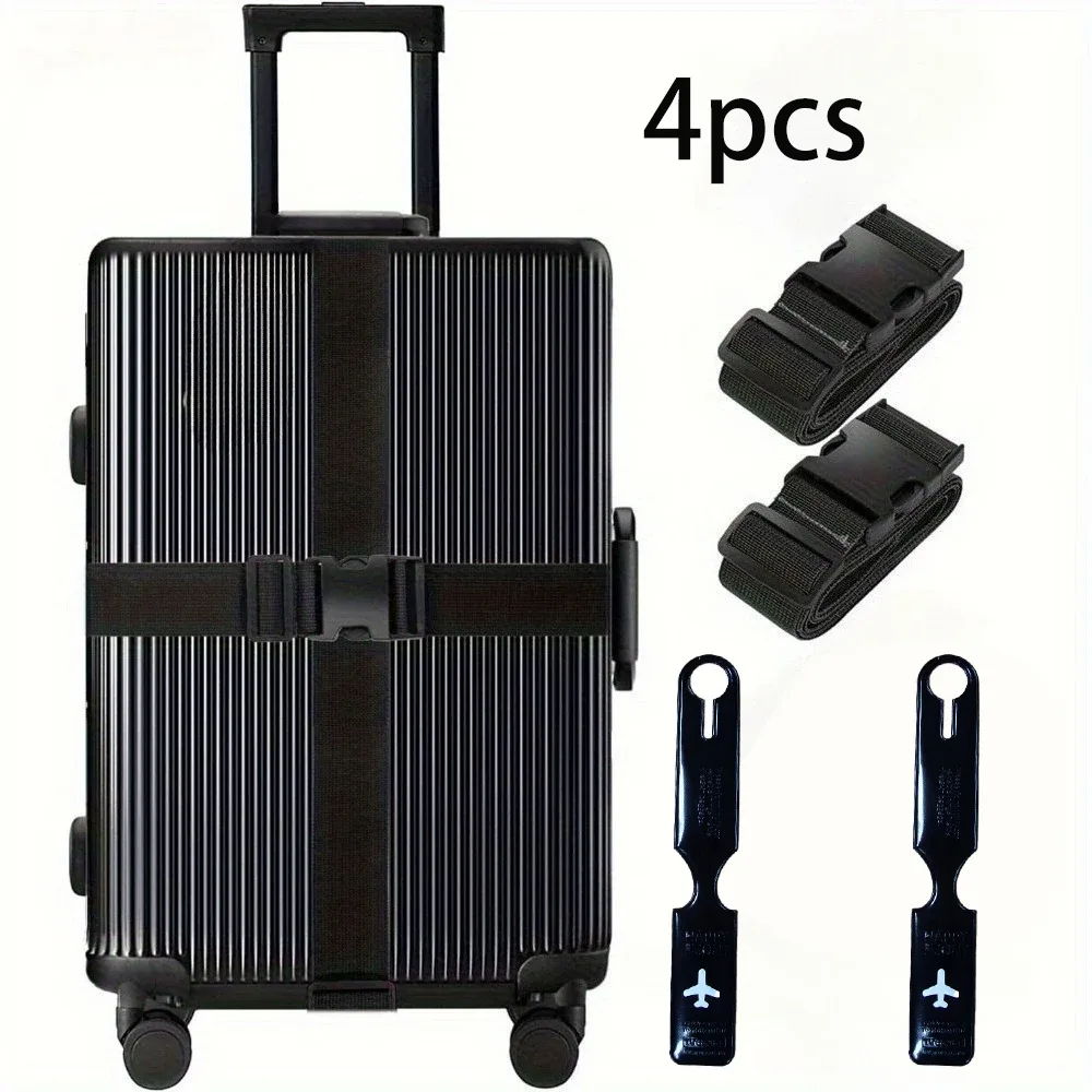 ensemble de 4 sangles de bagages + étiquettes de bagages, sangles d'emballage en nylon extra-longues de 2 m résistantes à l'usure, sangles de bagages anti-ouverture, étiquettes d'identification pour compagnies aériennes, accessoires de voyage pour les déplacements professionnels, adaptés aux voyageurs / étudiants / professionnels en déplacement, accessoires anti-ouverture pour bagages à main.