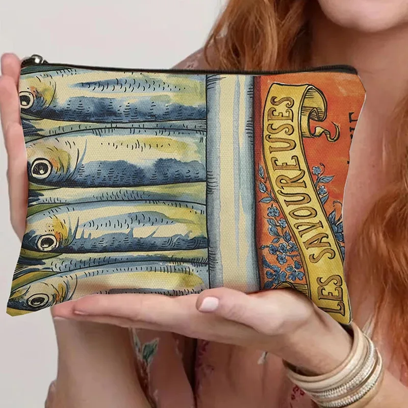 sac à cosmétiques en toile vintage, trousse de maquillage simple de grande capacité, pochette de voyage pour femmes, trousse de toilette rétro, design d'huile d'olive de sardines
