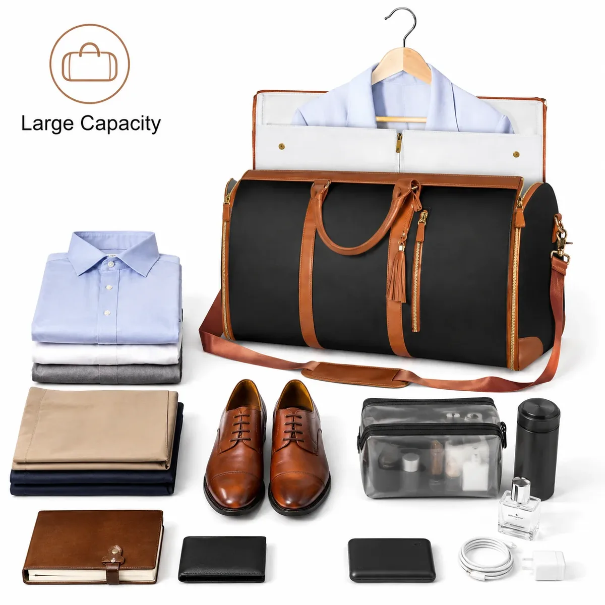 sac de voyage convertible 2 en 1 pour homme, sac de costume pour voyage d'affaires, grande capacité, sac de week-end, sac de nuit avec bandoulière