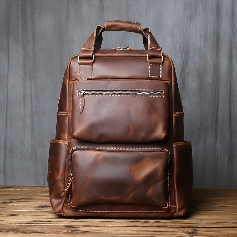 sac à dos rétro en cuir pour hommes, couche supérieure en cuir, grande capacité, sac d'ordinateur, crazy horse, loisirs, voyage, nzpj