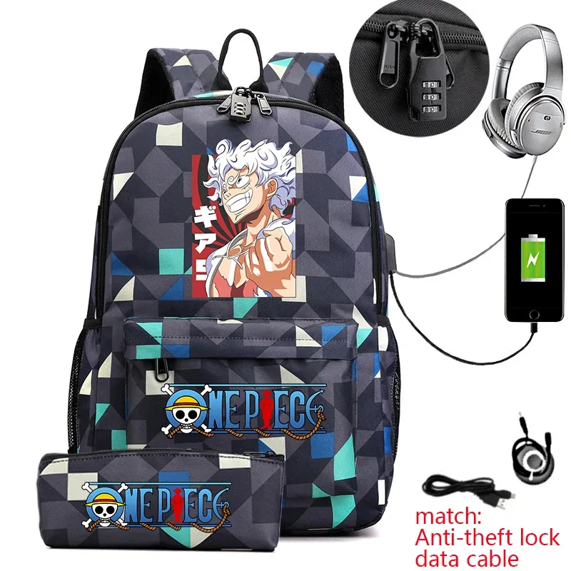 sac à dos d'étudiant imprimé one piece luffy, sac d'école décontracté antivol avec trousse à crayons pour garçons et filles